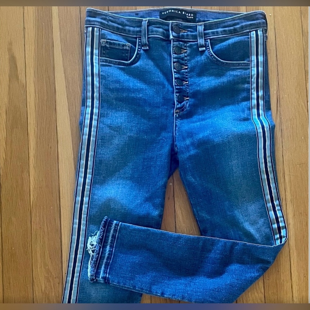 Veronica Beard jeans women’s 28 blue Debbie 10 inch blue tuxedo stripe raw